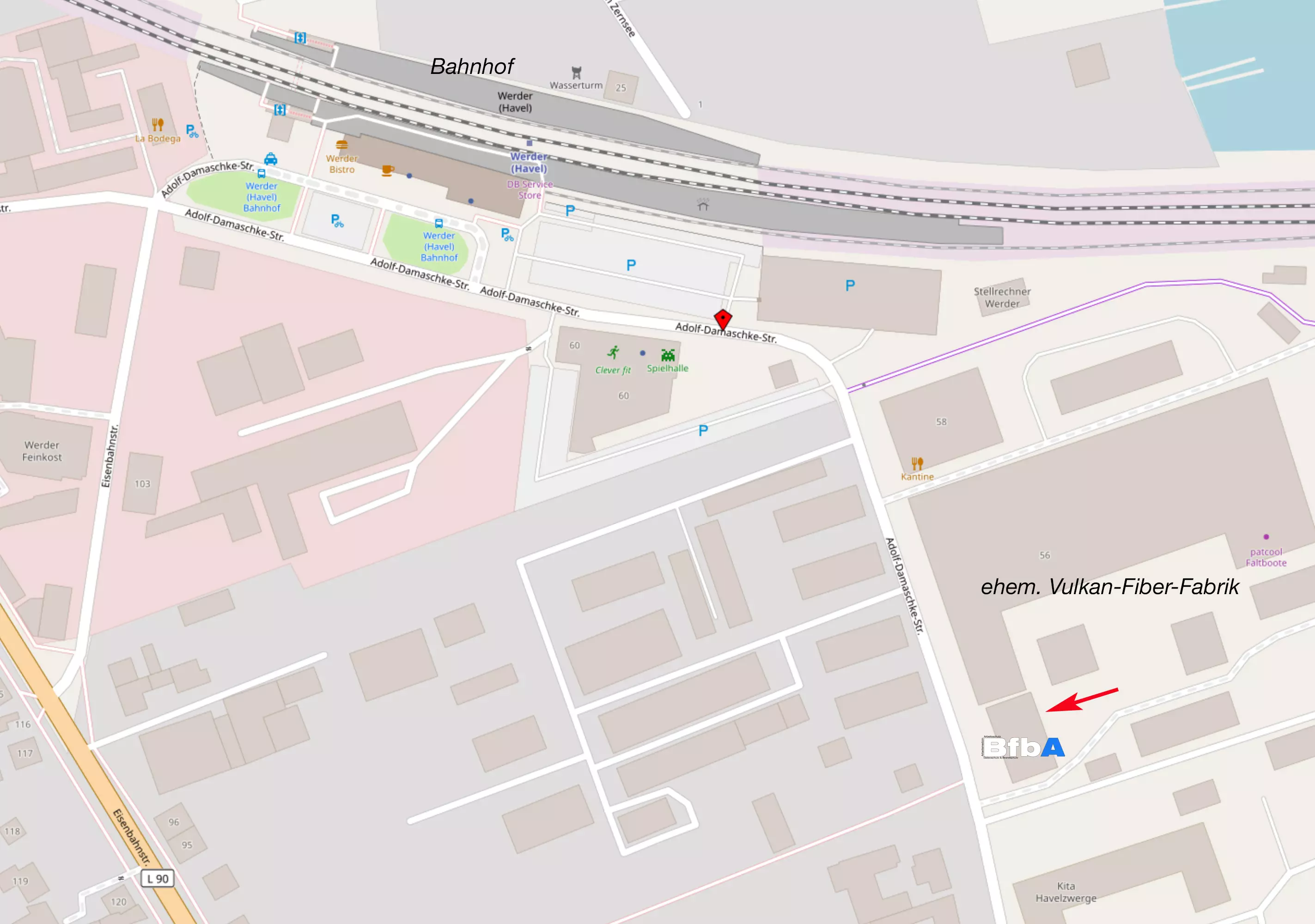 Anfahrtsplan BfbA GmbH mit Lage von Bahnhof, Parkplätzen und Gebäude 16